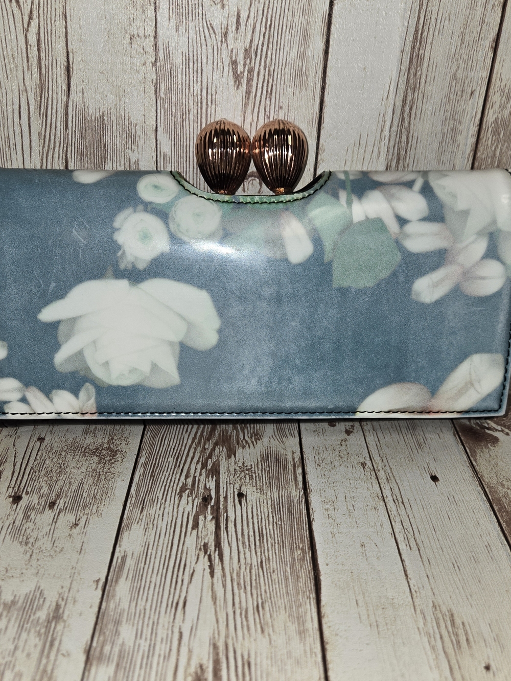 Ted Baker London Floral Patent Clutch Wallet Kiss Lock Blue Rose Gold